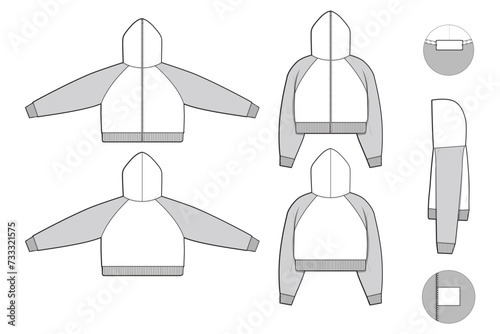 Full zip cropped raglan hoodie sweatshirt flat technical drawing illustration mock-up template for design and tech packs men or unisex fashion CAD streetwear baggy loose oversized