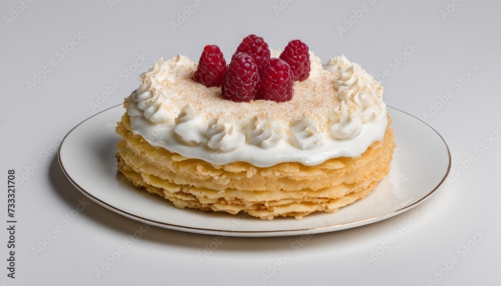 A white frosted cake with raspberries on top