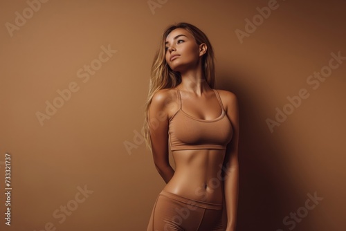 A sporty athlete slim woman dressed in a brown outfit poses for a photograph in studio.