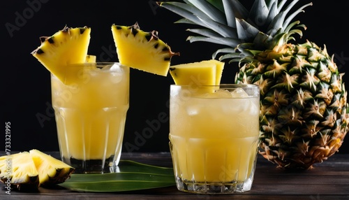 Two glasses of pineapple juice with pineapple slices photo