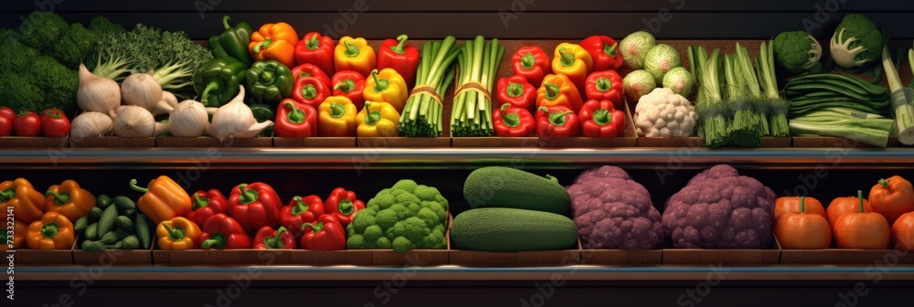 abstract colorful background of fresh vegetables on a shelf in a store