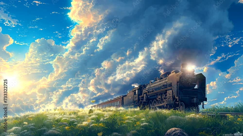 animation cartoon of old steam train, Seamless looping timelapse 4k video animation background