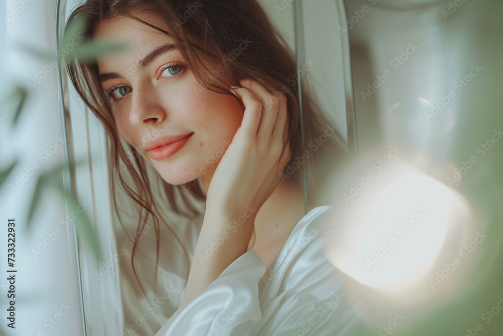 Fototapeta premium A young woman in a moment of reflection, looking into a mirror with a gentle, contemplative expression.