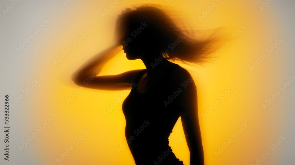 Female blurred silhouette on a yellow background. Elegant outline of a woman in motion out of focus