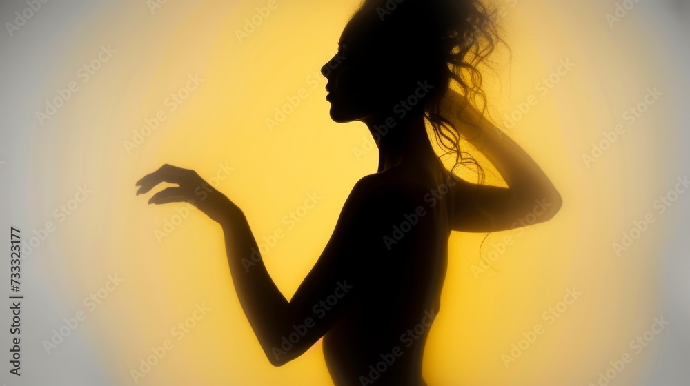 Female blurred silhouette on a yellow background. Elegant outline of a woman in motion out of focus