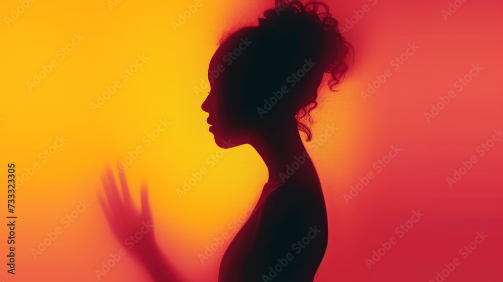 Female blurred silhouette on a orange background. Elegant outline of a woman in motion out of focus