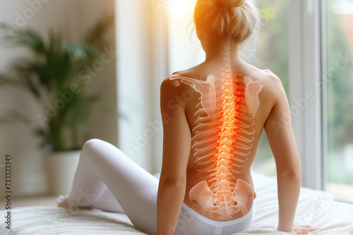 Neck and lumbar pain, intervertebral spine hernia, woman with back pain at home, spinal disc disease, health problems concept