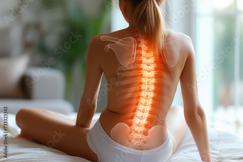 Neck and lumbar pain, intervertebral spine hernia, woman with back pain at home, spinal disc disease, health problems concept