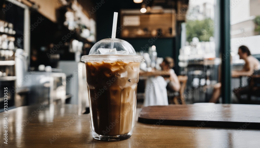 A glass of iced coffee with a straw is on a table