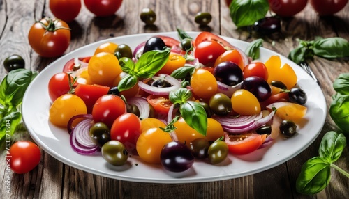 A plate of fresh vegetables including tomatoes, onions, and olives