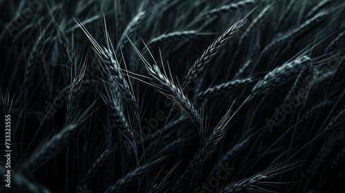 Photo of dark, moody wheat fields. The image depicts close up shots of wheat stalks. Ai Generated