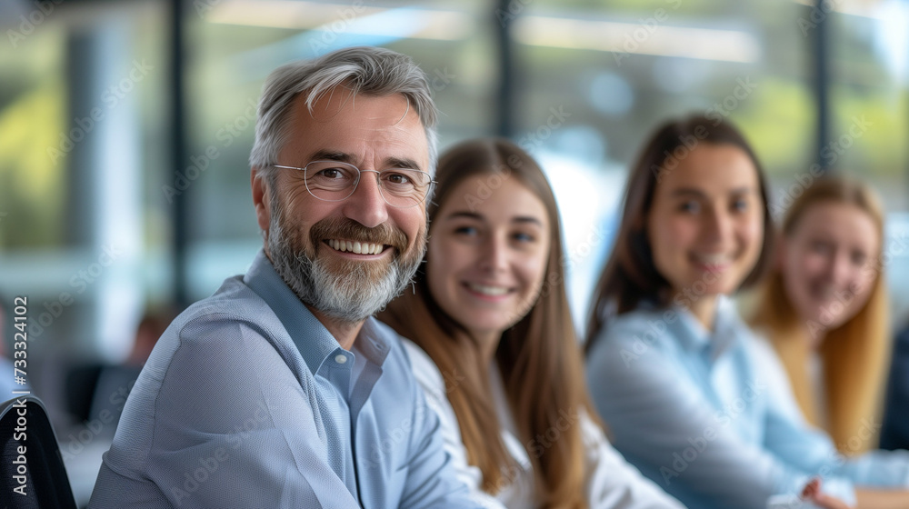 Business photo, featuring a team of co-workers, including a middle-aged woman Business photo, featuring a team of co-workers, including a middle-aged woman