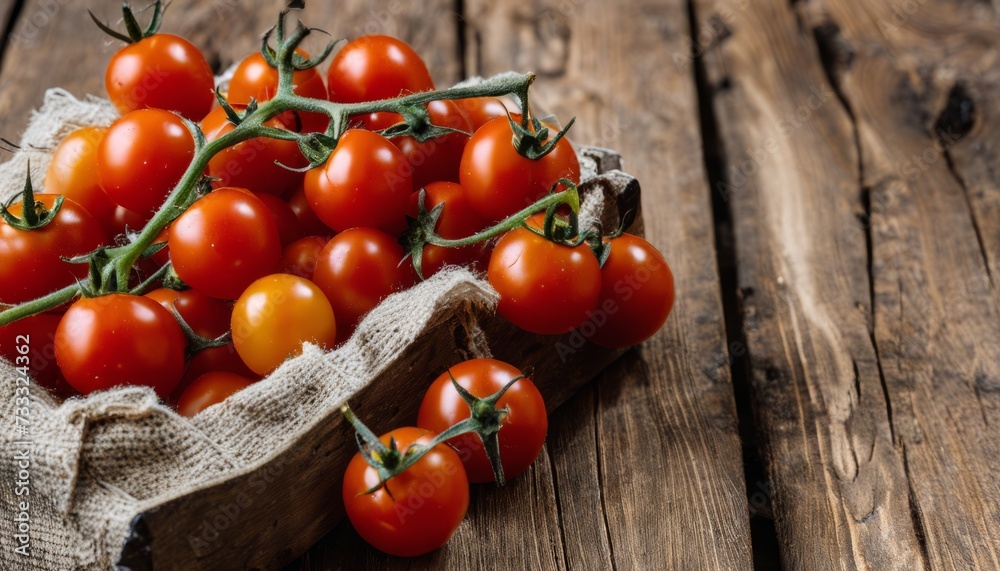 A basket of ripe tomatoes on a wooden table - obrazy, fototapety, plakaty 