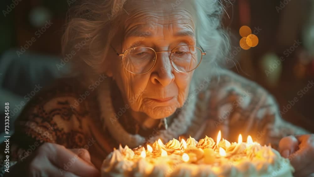 Elderly woman make wish and blow candles birthday cake close up. Fun ...