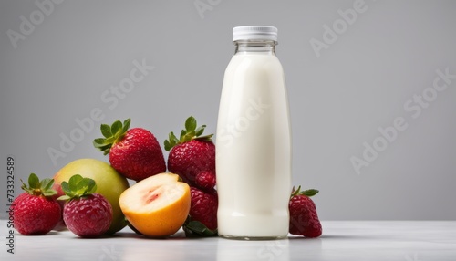 A bottle of milk next to a pile of fruit