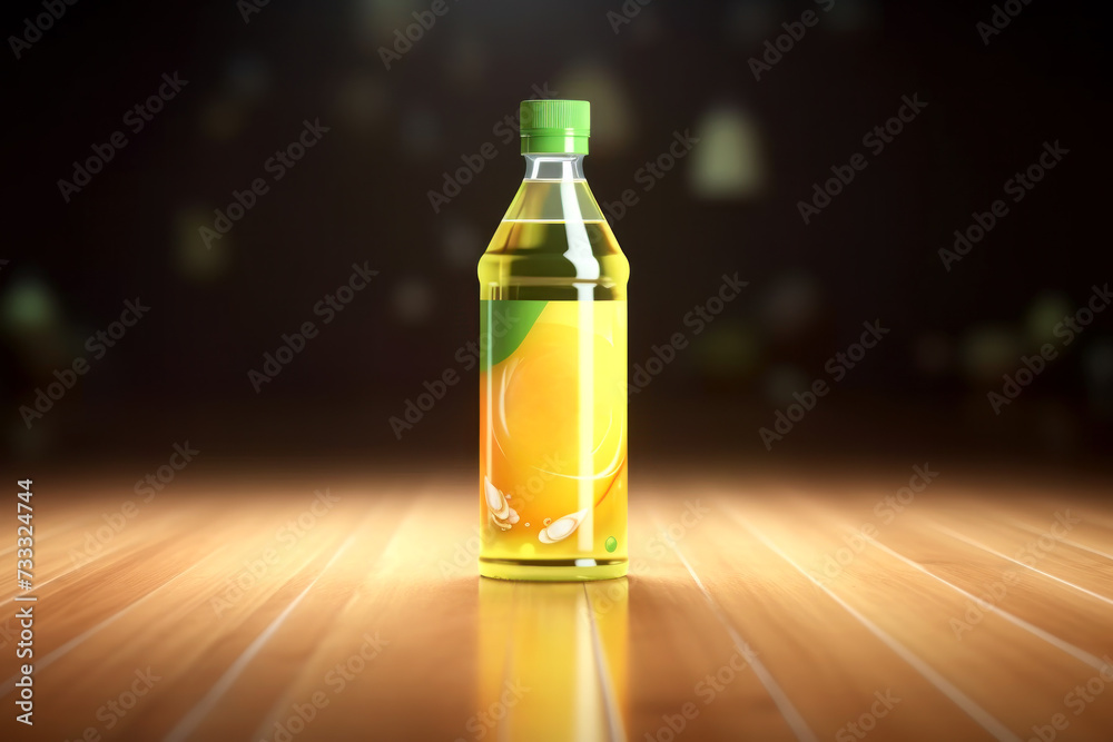 High-resolution image of a colorful detergent bottle on a wooden floor High-resolution image of a colorful detergent bottle on a wooden floor