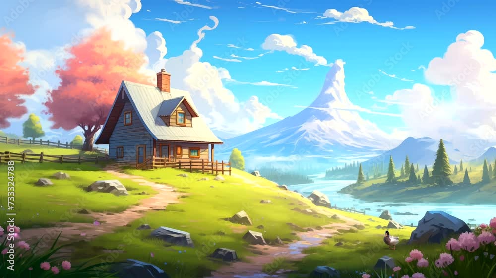 Cartoon landscape with a house on clouds sky background. Seamless looping time lapse 4k video animation background