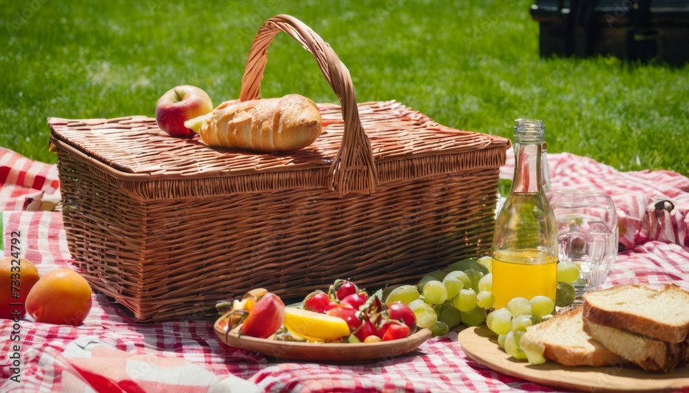 A basket of food and drinks on a blanket