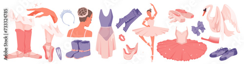 Vászonkép Cute pink and blue accessories of ballerina collection, dancing fairy girl and classic elegant dress of female dancer, queen swan and tiara, magic gesture cartoon vector illustration