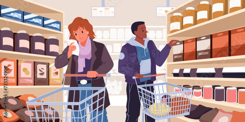 Shopping at grocery store or supermarket. Man and woman standing in aisle between shelves to select food products from list and buy, perspective view of store interior cartoon vector illustration