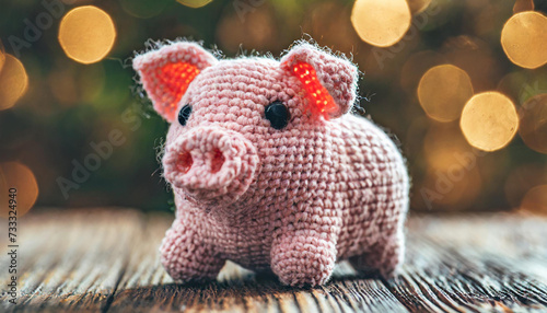 Crocheted pig toy vibrant backdrop, handcrafted and adorable, copyspace on a side © Giuseppe Cammino