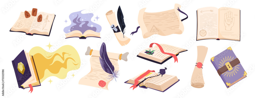Magic books and fairy scrolls set. Open and closed fantasy paper books with ray of light from spells, runes and mystery, medieval manuscripts for reading by wizard cartoon vector illustration