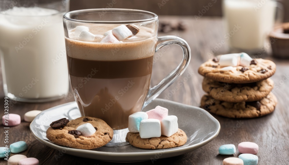 A cup of coffee with marshmallows and cookies on a plate A cup of coffee with marshmallows and cookies on a plate