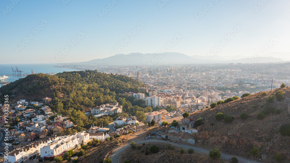 Aerial photo from drone to the city of Malaga and old town Malaga at at sunset. Malaga,Costa del sol, Andalusia,Spain, (Series)