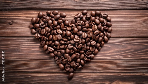 A heart made of coffee beans on a wooden surface