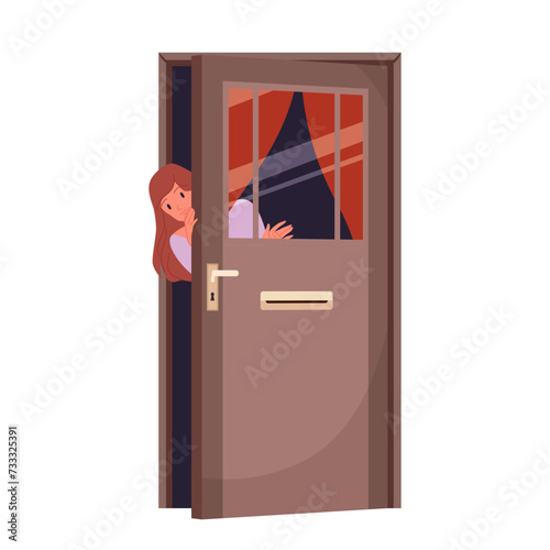 Girl standing behind opening door, looking out. Young woman peeking from behind open door of building with curiosity, portrait of peeping teenager with funny curious face cartoon vector illustration