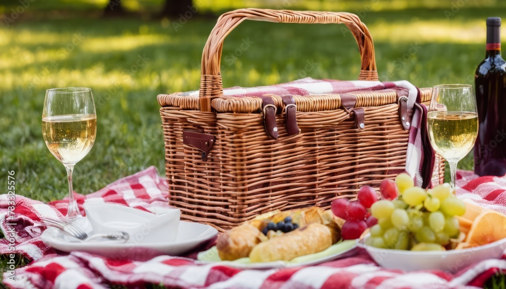 A picnic basket with a blanket and plates of food and wine
