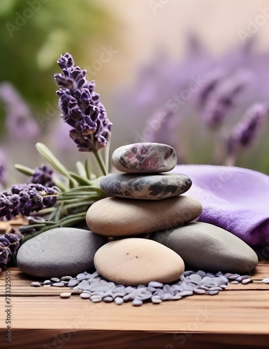 Stones and lavenders on wooden desk on background of lavender field. Spa still life in pastel colors. Copy space  Generative AI 
