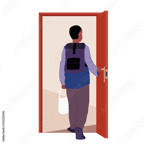Man walking through open door, back view. Male character with backpack holding door handle to enter or exit room into corridor or hall, step through doorway of boy student cartoon vector illustration