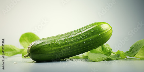 Fresh cucumber and leaves on a light green background