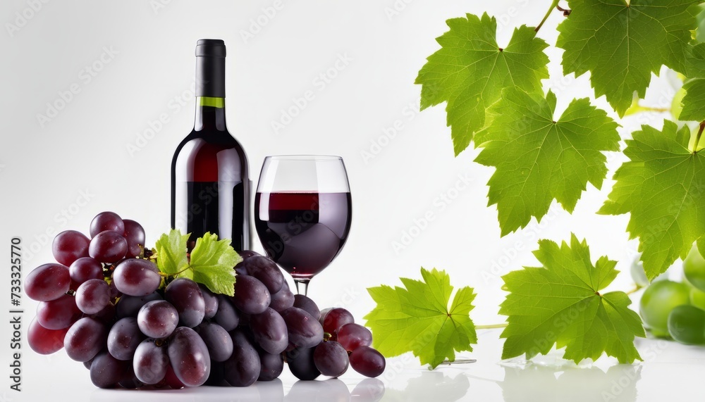 A bottle of wine and a glass of wine with grapes in the background