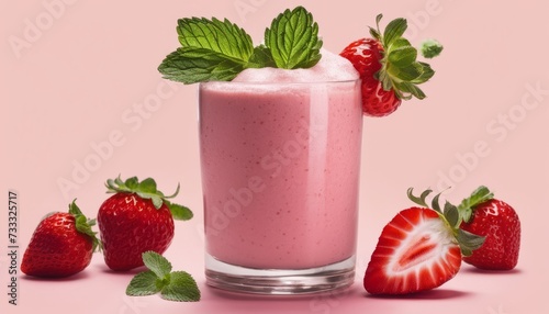 A glass of pink milkshake with strawberries on top
