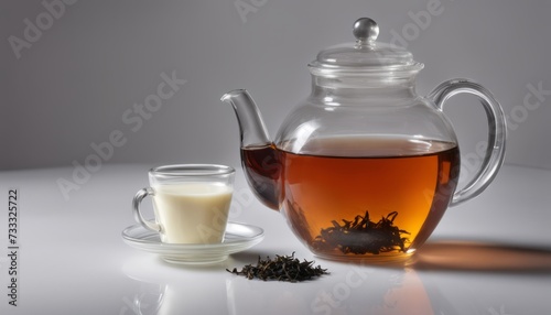 A teapot with a tea bag and a cup of milk
