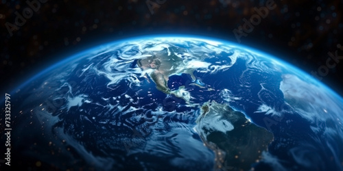 Weltkugel auf dunklen Hintergrund vom Weltall Nahaufnahme im Querformat für Banner, ai generativ 