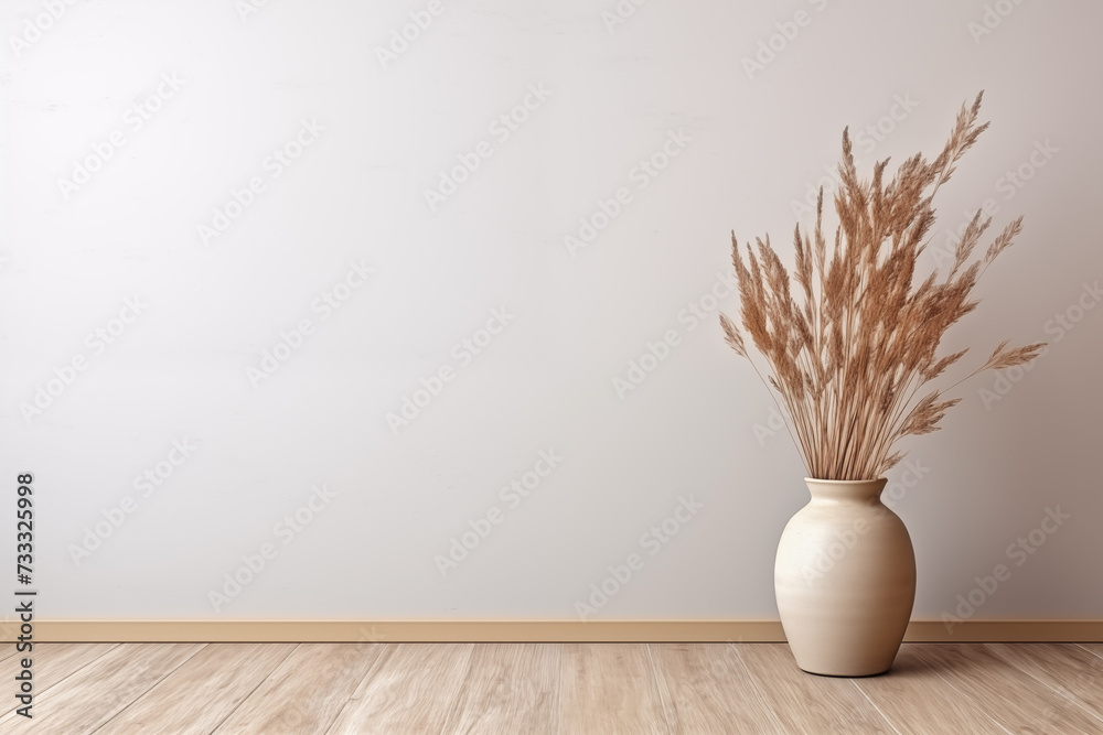 empty room interior wall mockup with wood floor, boho style, vase with dry grass, copy space