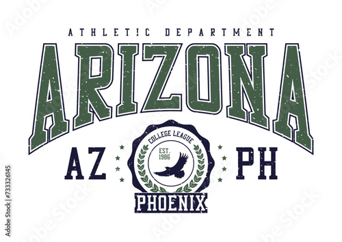 Arizona, Phoenix college style print for t-shirt with eagle. Typography graphics for college or university tee shirt design. Vintage sport apparel print with eagle and grunge. Vector illustration.