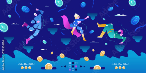 P2E, NFT blockchain games. Flat guy and girls play to earn bitcoin in metaverse. Characters in virtual reality playing and earning cryptocurrency, money in crypto wallet. GameFi technology.