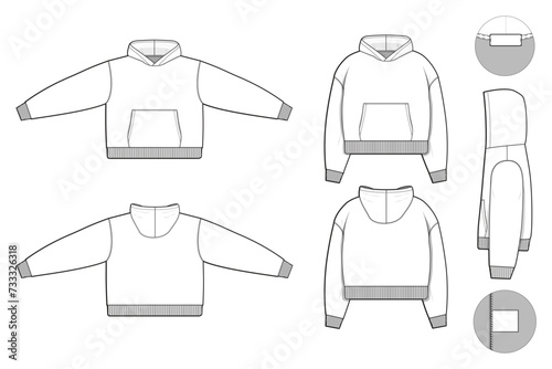 cropped hoodie sweatshirt flat technical drawing illustration mock-up template for design and tech packs men or unisex fashion CAD streetwear baggy loose oversized