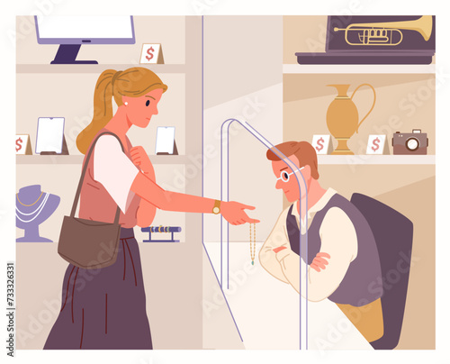 Pawnshop service, jewelry appraisal. Girl holding gold chain and jewel in hand to sell to pawnbroker at table, man with glasses looking up to estimate price of jewelry cartoon vector illustration
