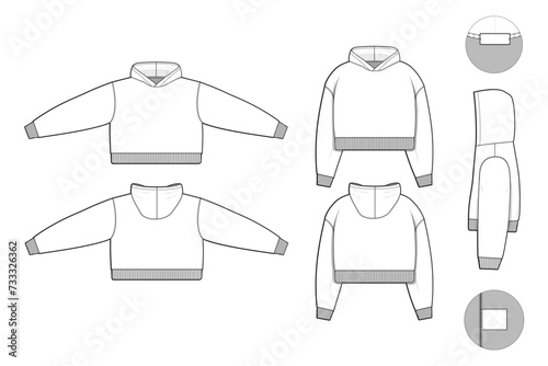cropped hoodie sweatshirt flat technical drawing illustration mock-up template for design and tech packs men or unisex fashion CAD streetwear oversized loose baggy