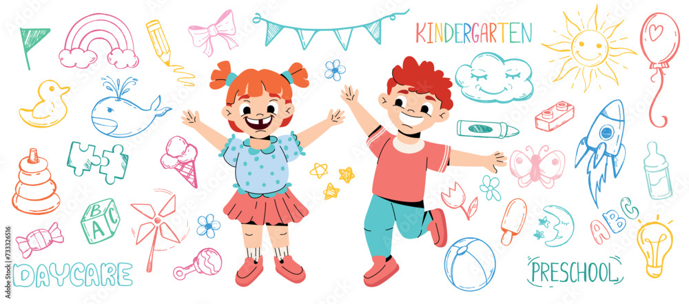 Funny cartoon kids in kindergarten play with toys. Preschool happy girl and boy with line art children icon collection. Daycare doodle. Child characters and hand drawn animals, candy, flowers, sun.