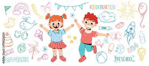 Funny cartoon kids in kindergarten play with toys. Preschool happy girl and boy with line art children icon collection. Daycare doodle. Child characters and hand drawn animals, candy, flowers, sun.