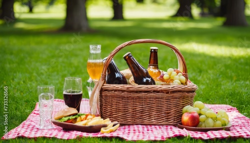 A picnic basket with beer and wine bottles, grapes, apples, and a sandwich