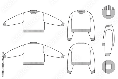 pullover cropped crewneck sweatshirt flat technical drawing illustration mock-up template for design and tech packs men or unisex fashion CAD streetwear oversized loose baggy