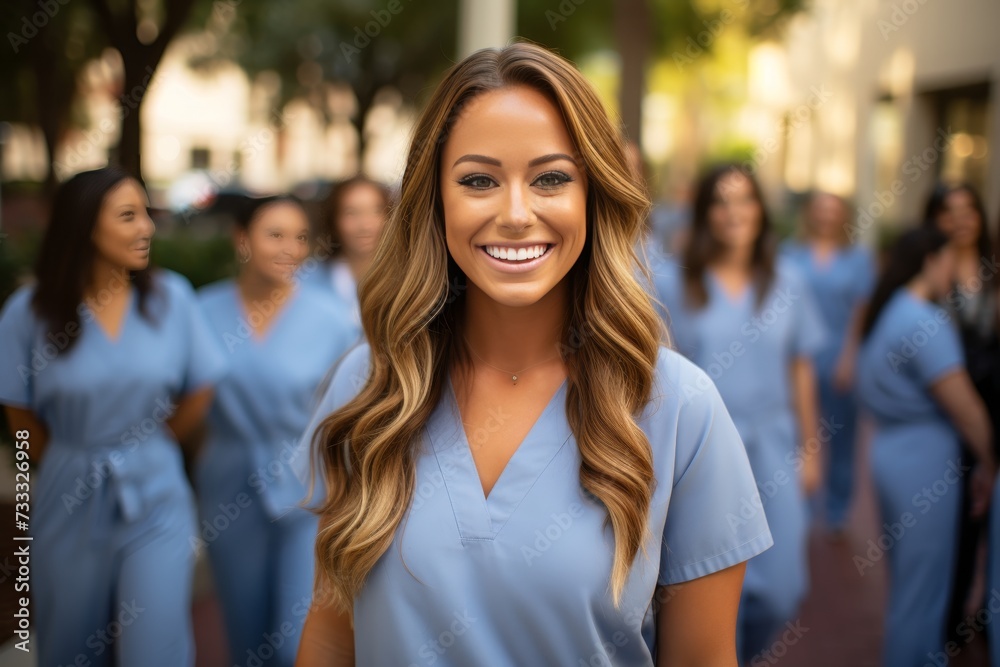 portrait of young nursing student and team in hospital, wearing scrubs - doctor intern portrait of young nursing student and team in hospital, wearing scrubs - doctor intern