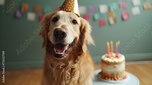 A cute golden retriver with a party hat wishes you a happy birthday photo